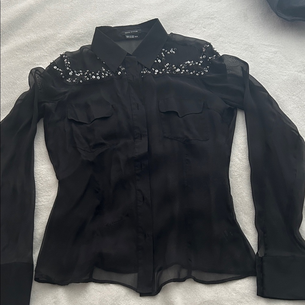 Brand New no tag David Bitton Elegant Black Sheer Women's 100% Silk Top M